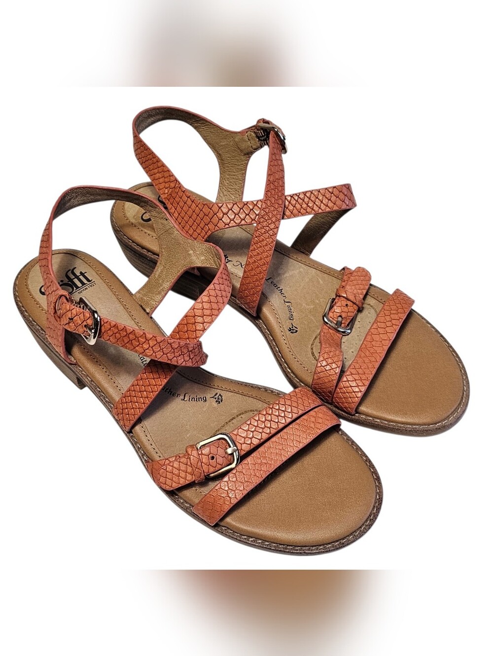 Sofft Nadie II Sandals Sz 8.5 Mango Snake Print Leather Strappy Resortwear Comfy
